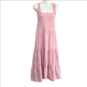 Devoted Pink Floral Eyelet Sleeveless Smocked Tiered Lined Maxi Dress Size M EUC